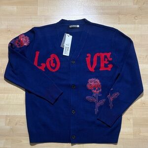 Men's Navy Cardigan with Red 'LOVE' Embroidery